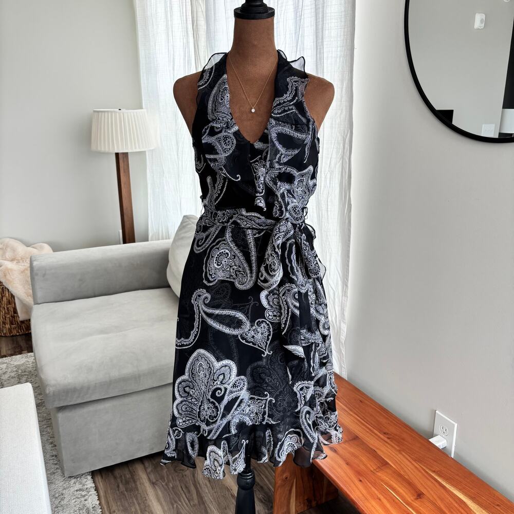 White House Black Market Paisley Midi Dress Halter Black White Wrap Bow Size 0 - Picture 2 of 7